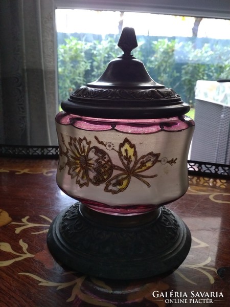 Antik réz fedeles zománc festett üveg bonbonier