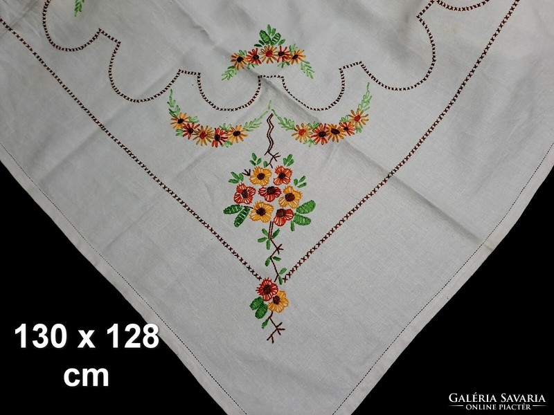 Old linen tablecloth embroidered with a flower pattern 130 x 128 cm