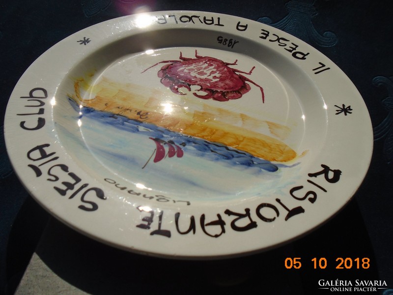 Olasz majolika tányér kézzel festett,szignózott tájkép rákkal RISTORANTE SIESTA CLUB LIGNANO
