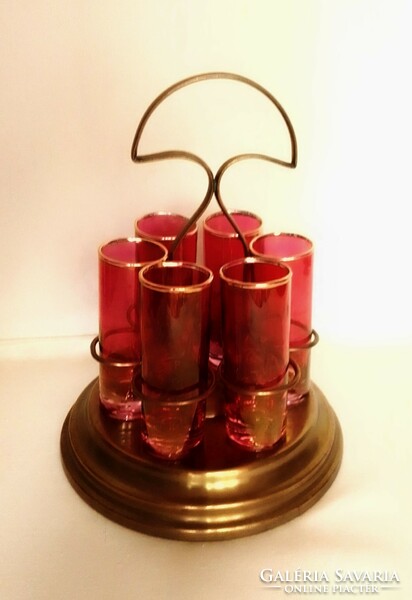 Special set of 6 old antique art deco colored burgundy glass liqueur glasses in a brass holder