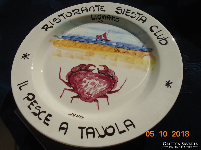 Italian majolica plate hand painted, signed landscape with crab ristorante siesta club lignano