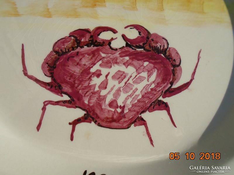 Italian majolica plate hand painted, signed landscape with crab ristorante siesta club lignano