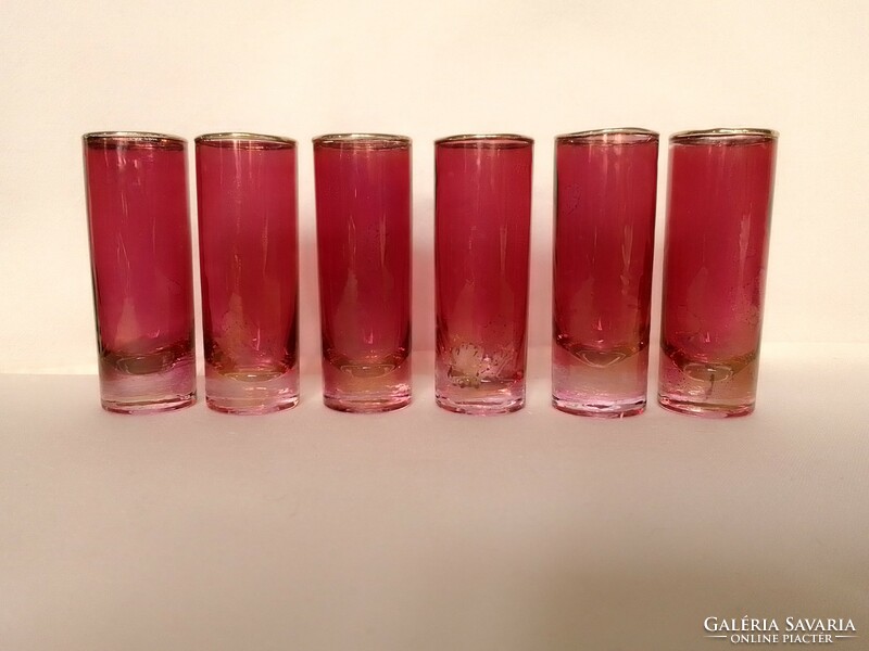 Különleges 6 darabos régi antik art deco színes bordó üveg likőrös pohár készlet sárgaréz tartóban