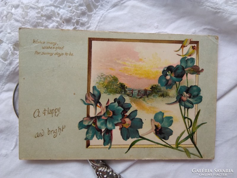 Antik angol litho/litográfiás képeslap, tájkép, kék virágok, üdvözlet