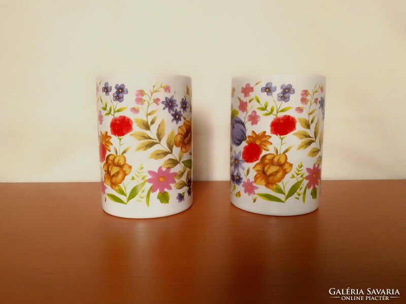 Two colorful, cheerful, atmospheric spring floral floral patterned porcelain tea cocoa mugs, a flawless pair of 2 dl