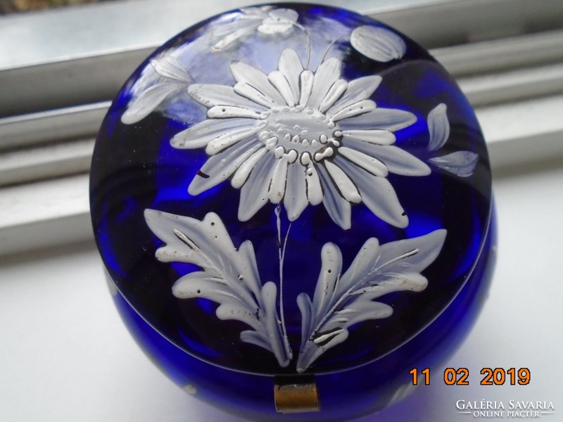 1900 French Art Nouveau cobalt blue glass bonbonier with white enamel flower fire gilt mount