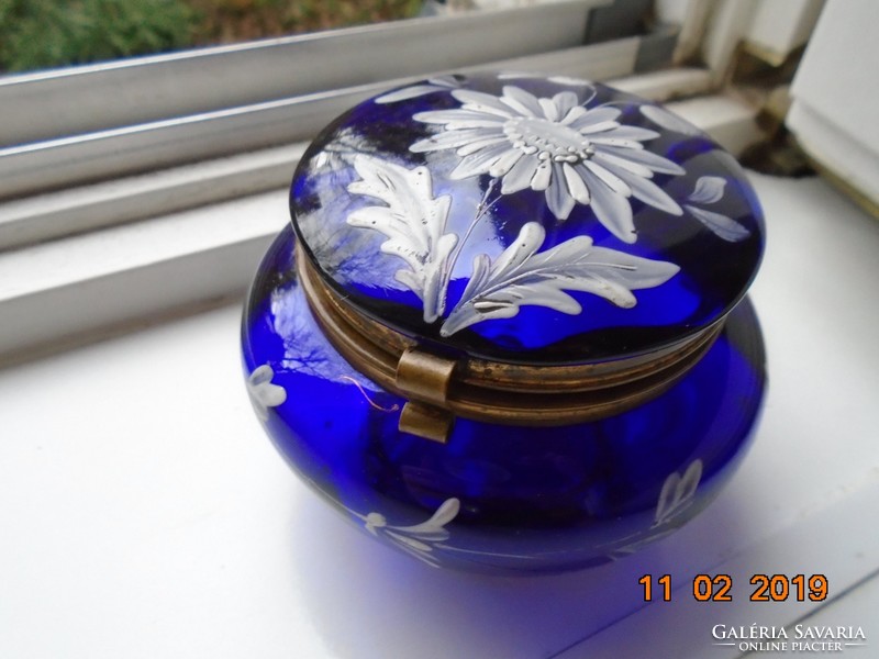1900 French Art Nouveau cobalt blue glass bonbonier with white enamel flower fire gilt mount