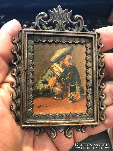 Holland miniatűr festmény, bronz keretben,XIX. század, 10 cm-es
