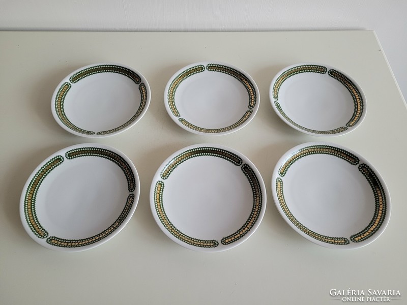 Retro 6 db Alföldi porcelán régi kis tányér zöld és arany mintával