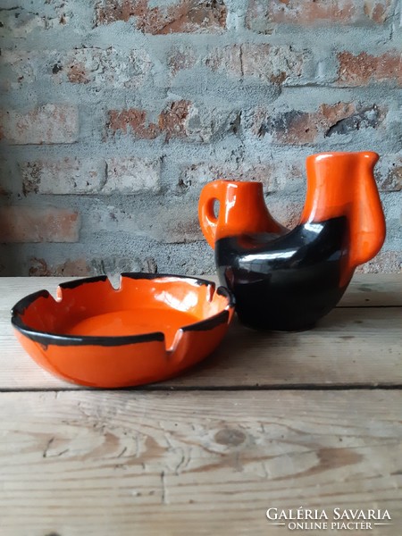Rooster-shaped glazed ceramic decorative vase with matching marked ceramic ashtray