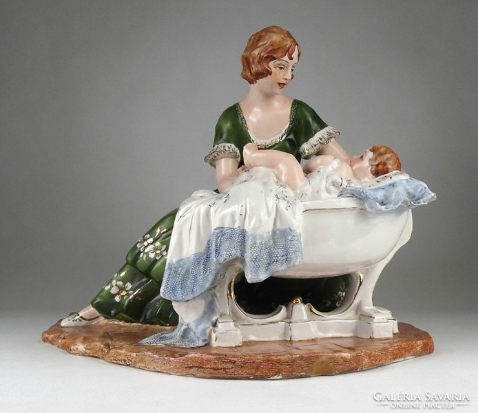 1I022 antique large Italian majolica statue of a mother rocking her baby