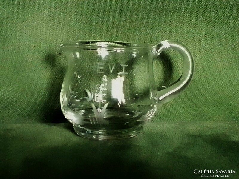 Small glass pouring jug with thermal water inscription, memory, water lily with reed sedge motif, flawless
