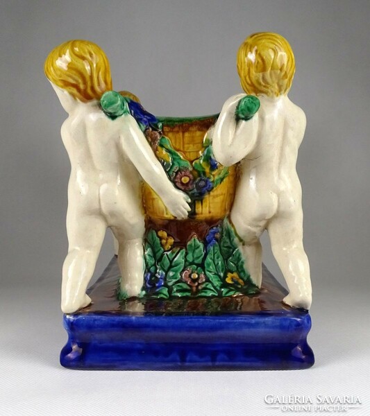 1I021 antique large-sized putto majolica centerpiece fruit serving bowl 30.5 Cm