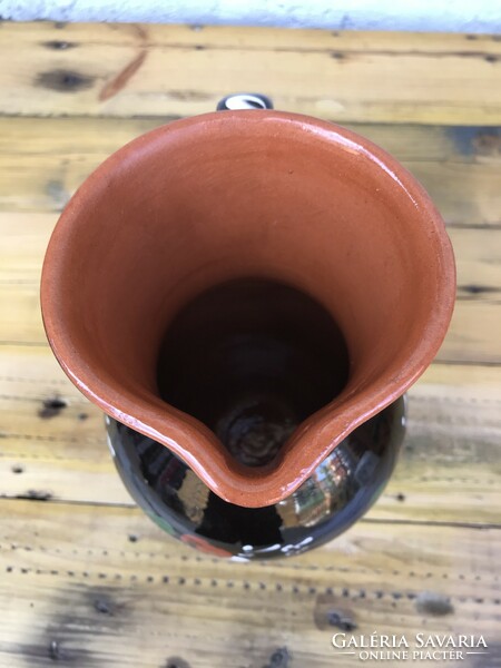 Glazed folk flower patterned ceramic pitcher vase
