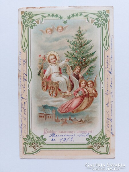 Régi karácsonyi képeslap 1913 levelezőlap angyalok Kisjézus karácsonyfa
