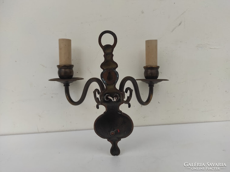 Antique 1 piece 2-arm patinated copper Flemish wall arm + 2 new decorative candles and 2 new candle bulbs 923 6148