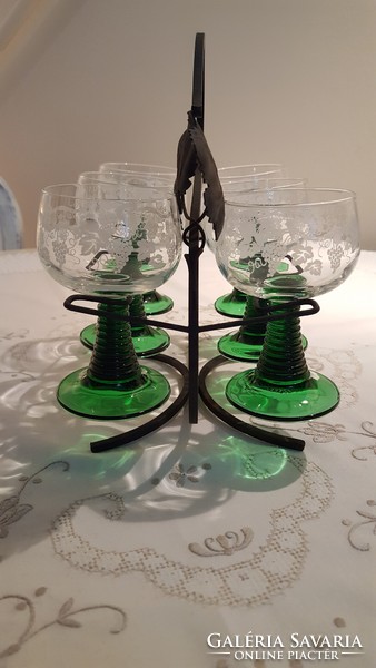 French wine glass set with grape leaf forged metal holder