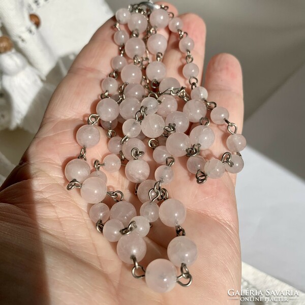 Vintage rose quartz mineral necklace, rose quartz necklace, multi-row pink chain, 48 cm