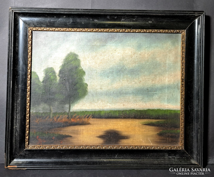 Spring landscape - old oil on canvas painting - framed 40x50 cm - waterfront trees