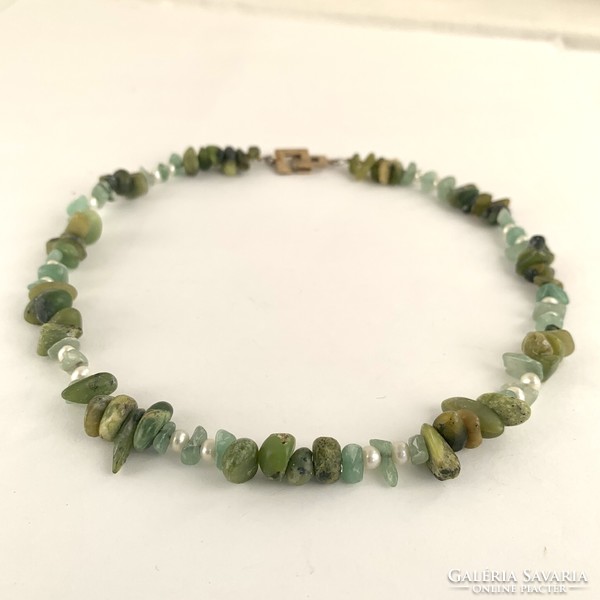 Vintage mineral necklaces, with 925 silver clasp, aventurine, moss agate, real pearl eyes