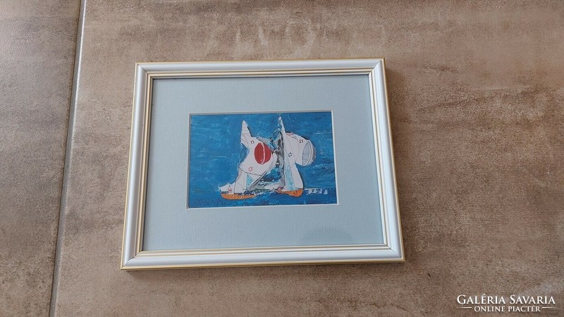 (K) small painting of sailboats with a 25x20 cm frame