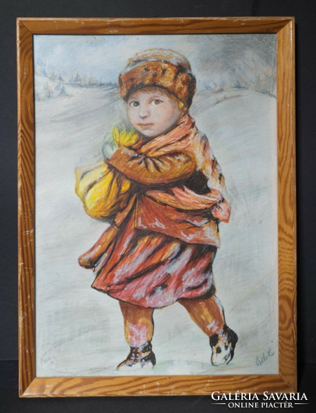 Gyermek a hóban - téli portré - "Cseh" jelzéssel - kerettel 32x21 cm