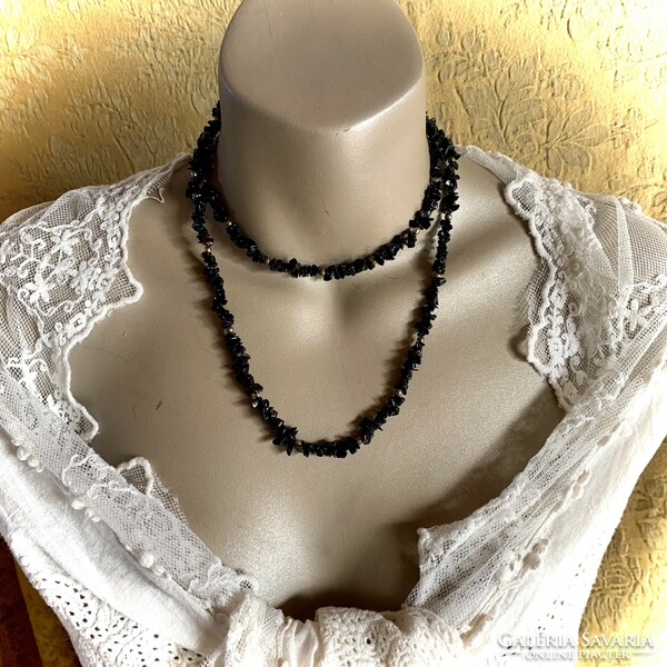 Vintage Black Obsidian Mineral Necklace Gemstone Necklace Long Black Necklace 90cm