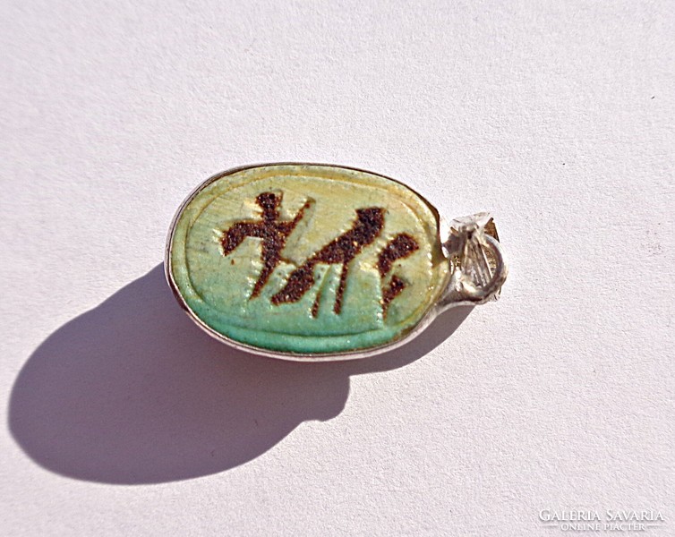 Egyptian ceramic beetle in silver socket on the back with hieroglyphs, pendant