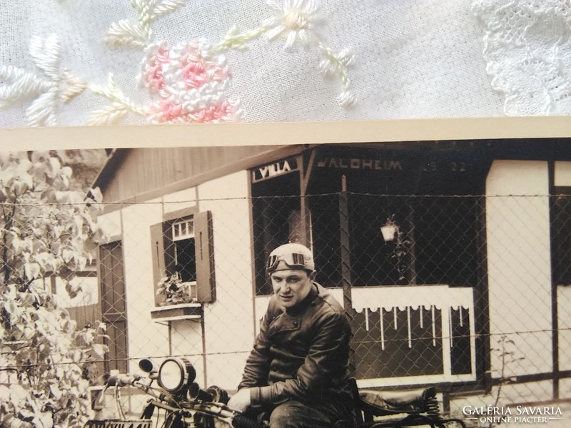 Very old photo sheet, vintage motorcycle, villa waldheim 1920s-30s