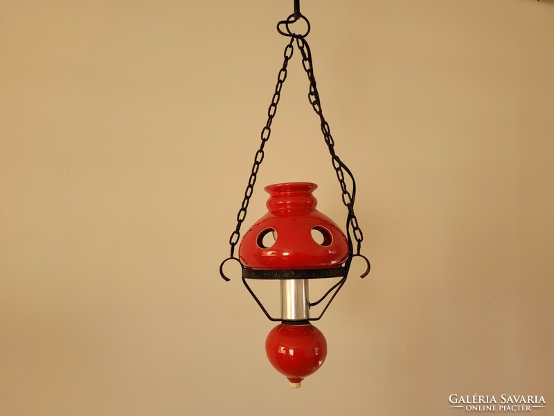 Old vintage iron and ceramic ceiling chain lamp chandelier