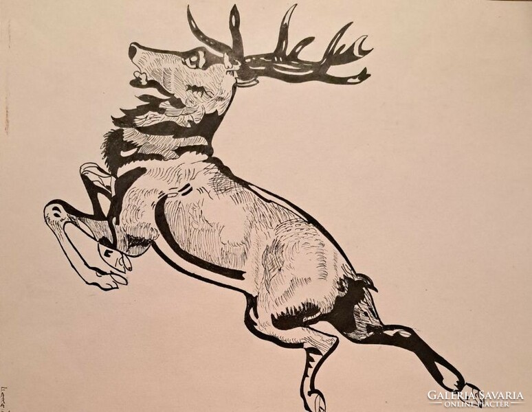Carving gauze: ink drawing of a deer. Size: 40x27 cm..