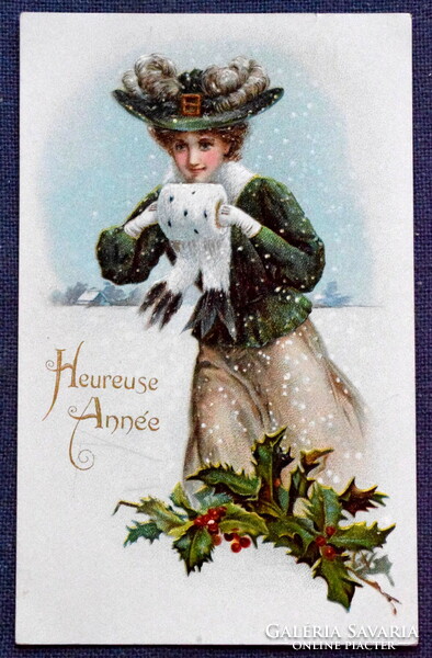 Antik dombornyomott Újévi üdvözlő litho képeslap hölgy téli táj  magyal hóesés