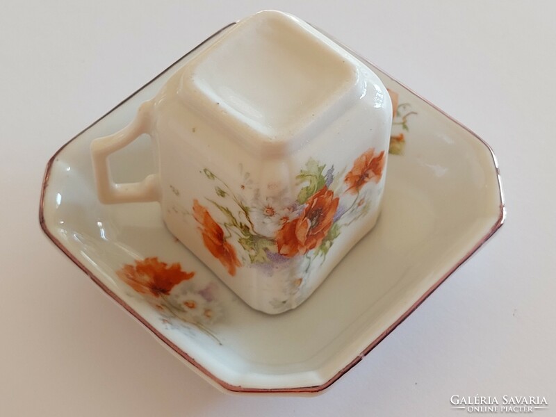 Régi porcelán csésze pipacsos szögletes antik mini bögre