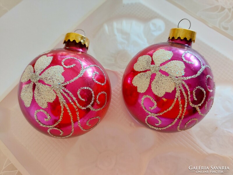 Old glass Christmas tree decoration pink sphere painted glass decoration 2 pcs