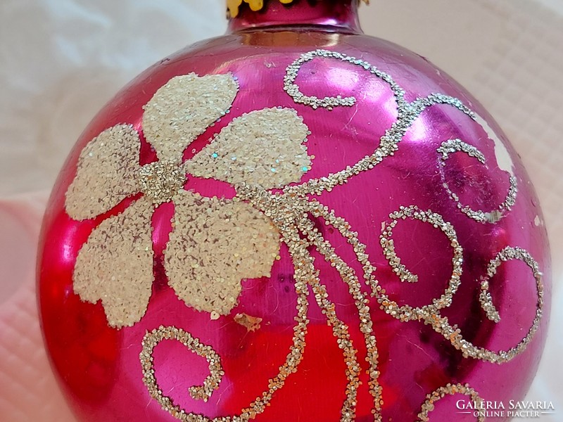 Régi üveg karácsonyfadísz pink gömb festett üvegdísz 2 db
