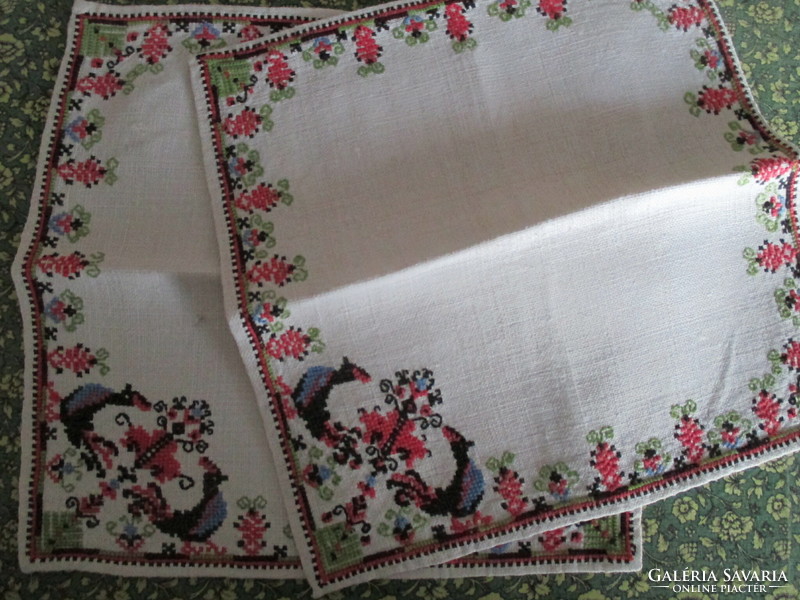 Charming cross-stitch embroidered linen napkins, small tablecloths, 2 pcs.