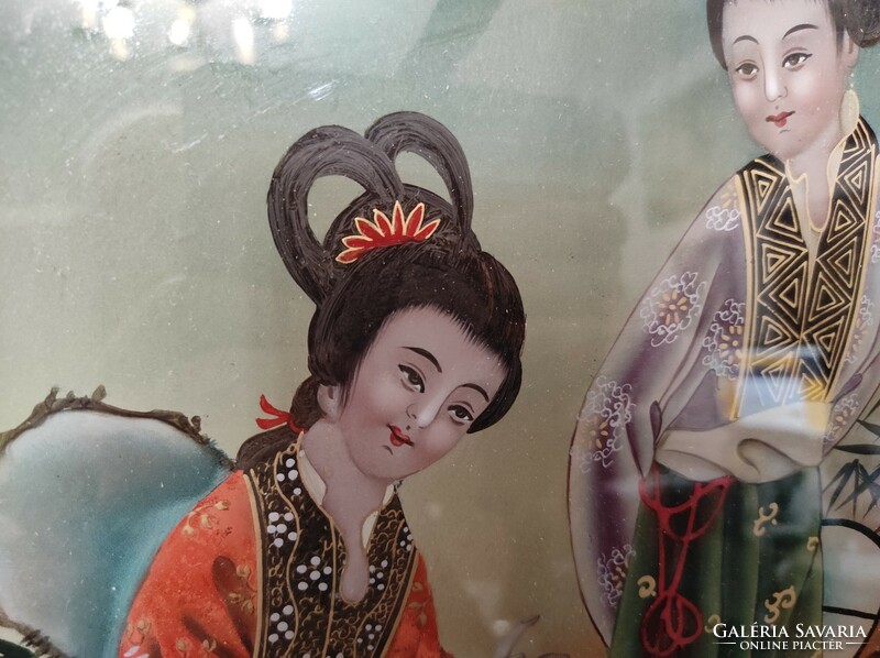 Antik japán üvegre festett elegáns fali kép gésa keretben 419 6183