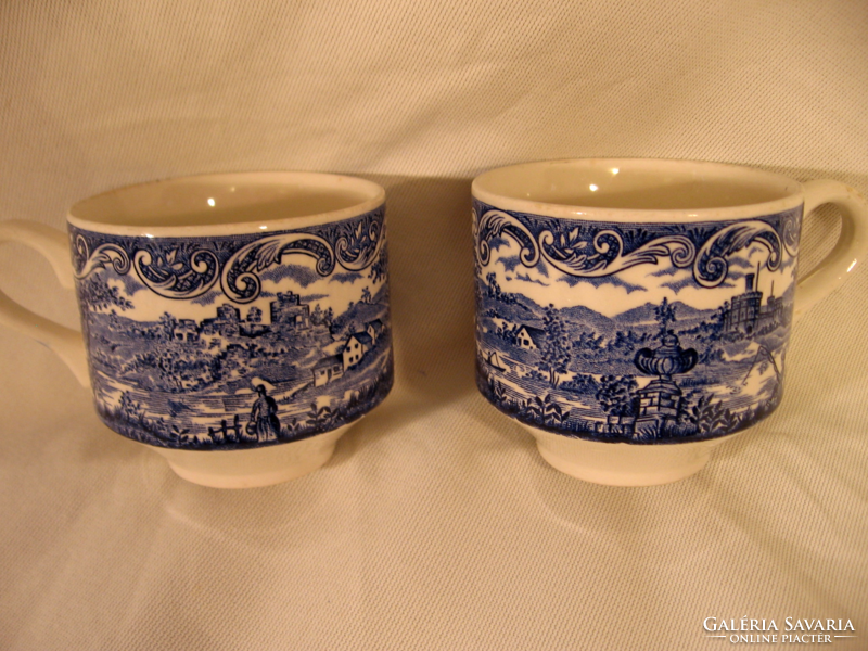 Pair of retro blue spectacular English cups. Farm, castle, pecan