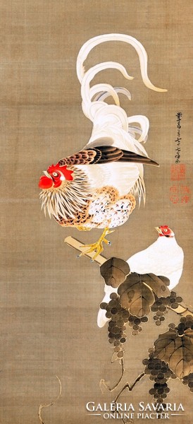 Ito jakachu - rooster and chicken in the vine - canvas reprint
