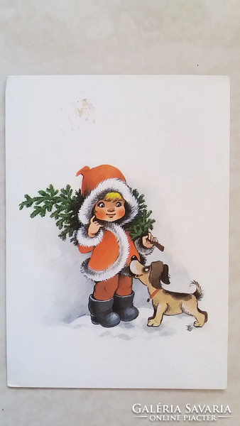 Régi karácsonyi képeslap 1988 kiskutyás retro levelezőlap