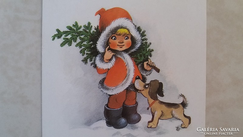 Régi karácsonyi képeslap 1988 kiskutyás retro levelezőlap