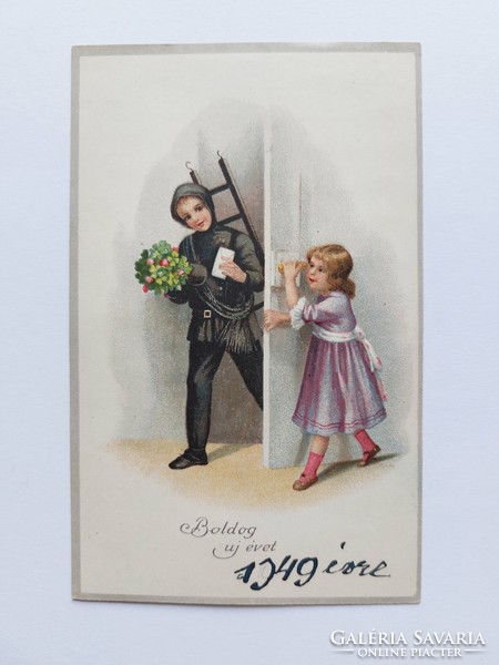 Régi újévi képeslap 1948 levelezőlap kislány kéményseprő lóhere