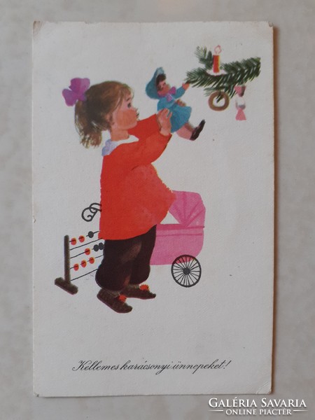 Régi karácsonyi képeslap 1960 kislány játékok rajzos levelezőlap