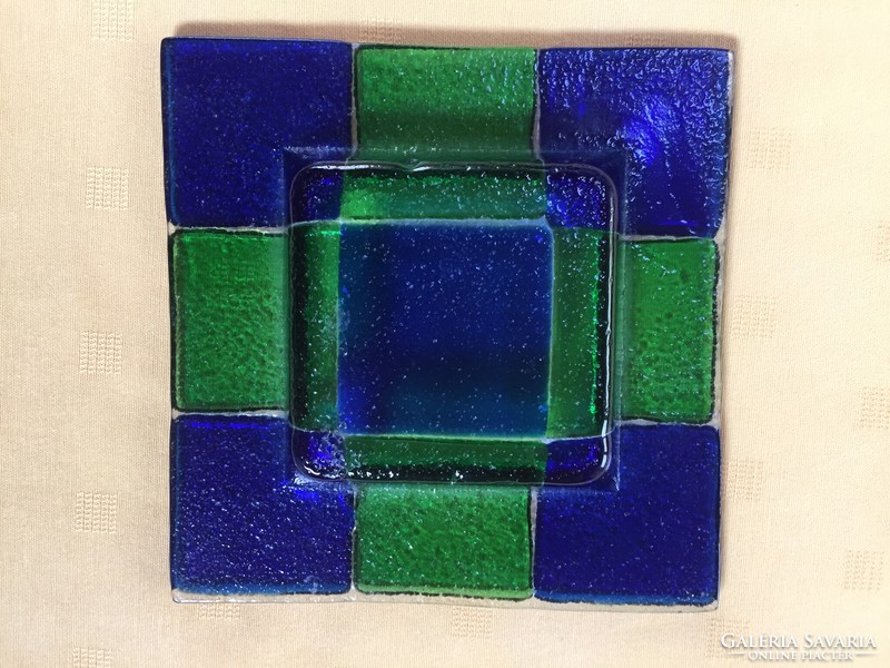 Muránói jellegű kék-zöld üveg tálka, kézi munka