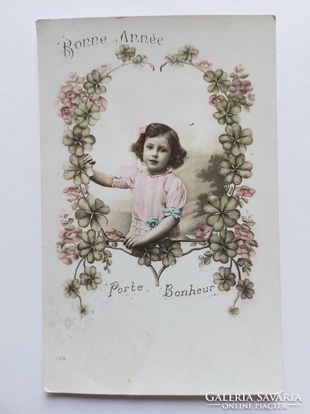 Old postcard photo postcard little girl clover
