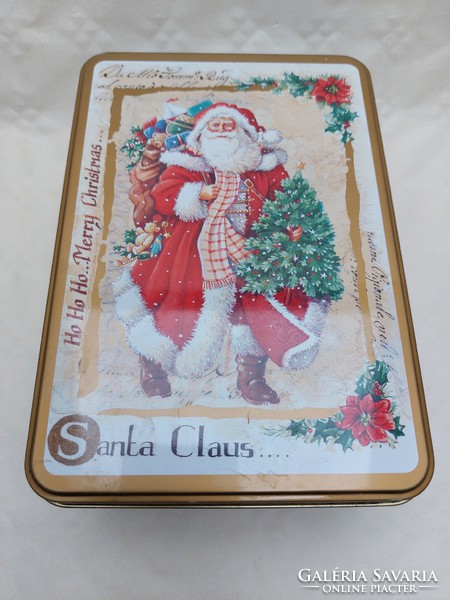 Karácsonyi fémdoboz Mikulás fenyőfa Télapó mintás vintage doboz