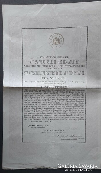 Államadóssági Kötvény  50 koronáról 1916