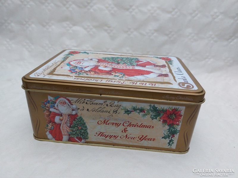Karácsonyi fémdoboz Mikulás fenyőfa Télapó mintás vintage doboz