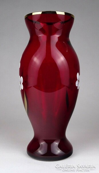 1L463 Régi piros kézzel festett aranyozott üveg váza 20 cm
