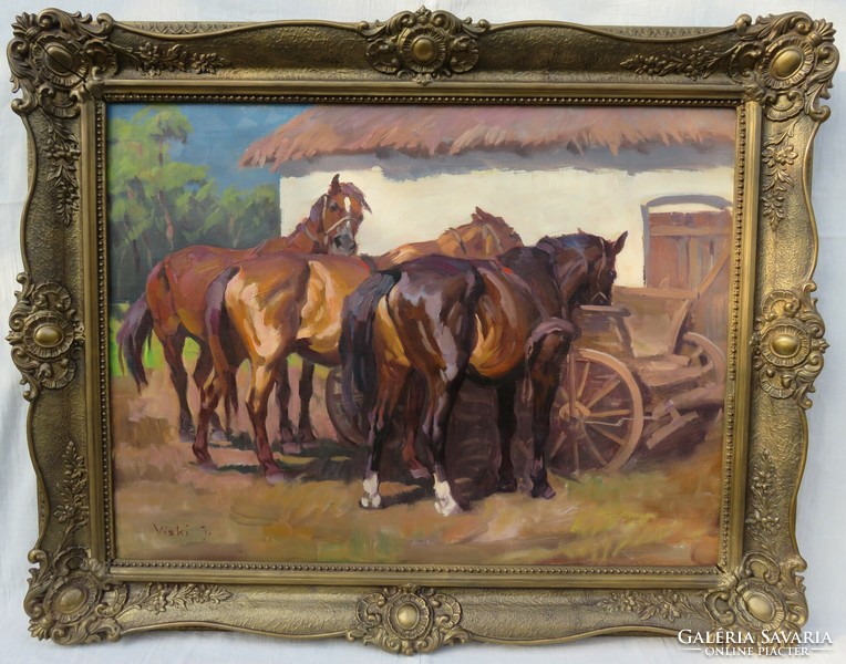 János Viski - horses next to a cart